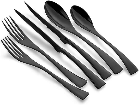 24 Pieces Black Silverware Set with Steak Knives Service for 4,Modern 18/10 Stainless Steel Flatware Cutlery Set,Utensil Set for Home Restaurant Hotel,Mirror Polished,Dishwasher Safe