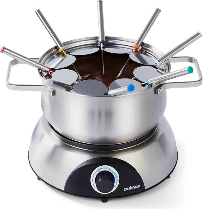 CUSIMAX Electric Fondue Pot Set with Temperature Control, 8-Color Coded Forks, Stainless Steel Fondue Maker, For Chocolate, Cheese, Broth, Oil, 1500W, 1.4 Quarts, Easy to Clean