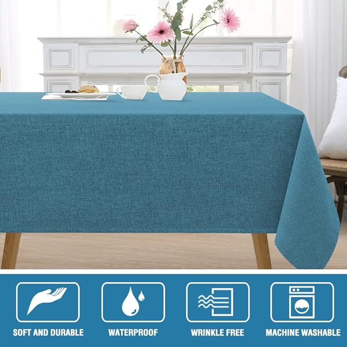 H.VERSAILTEX Linen Textured Tablecloth 60 x 84 Waterproof Decorative Table Cloth Spill-Proof Linen Look Cover for Party Table Extra Soft and Thick Fabric Wrinkle Free, Heather Storm Blue