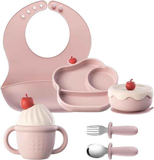 Silicone Baby Feeding Set, Gelato Collection Baby Led Weaning Supplies, First Self-Feeding Set with Suction Bowl & Plate, Sippy Cup & Bib, Fork & Spoon,