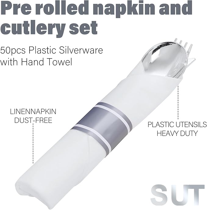 SUT 50 Pack Pre Rolled Silverware Set Disposable, 200 Pcs Silver Plastic Utensils Include 50 Forks, 50 Knives, 50 Spoons and 50 Napkins, Plastic Cutlery, Wrapped Silverware Set Disposable for Party