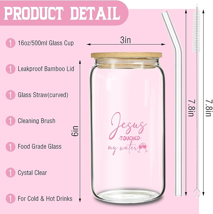 Jesus Touched My Water Funny Christian Tumbler - 16oz Novelty Glass Cup with Lid, Humorous & Inspirational Gift for Christian Women, Mom, Sister, Friend