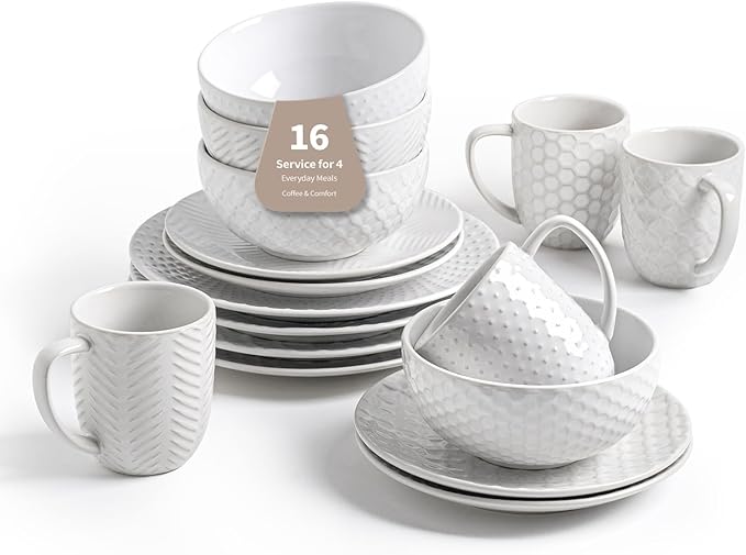 16-Piece Ceramic Dinnerware Set with Mugs,Plates and Bowls Set for 4 with Coffee Mugs,Elegant Dish Set for Everyday Dining