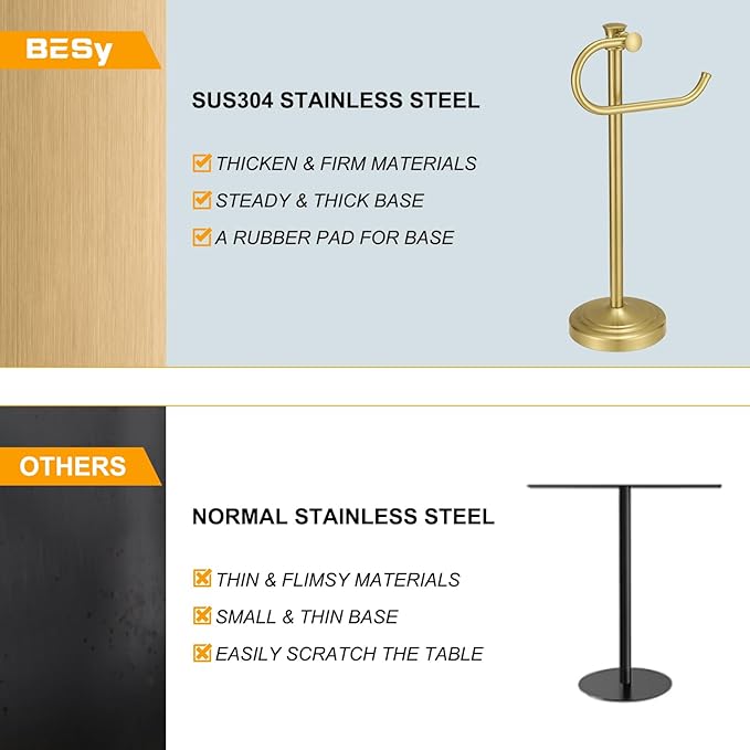 BESy 17 Inch Brushed Gold Stand Towel Bar Hanger Hand Towel Bar Bathroom Vanity Countertop Towel Holder Free Standing Stainless Steel Towel Ring Hardware Accessories Towel Rack