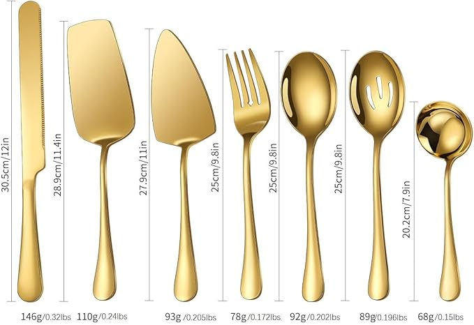 Gold Serving Utensils Set Stainless Steel Large Silverware 7 Piece Include Big Spoon Fork Cake Server Knife Pizza Spatula Pefect for Buffet Catering Flatware