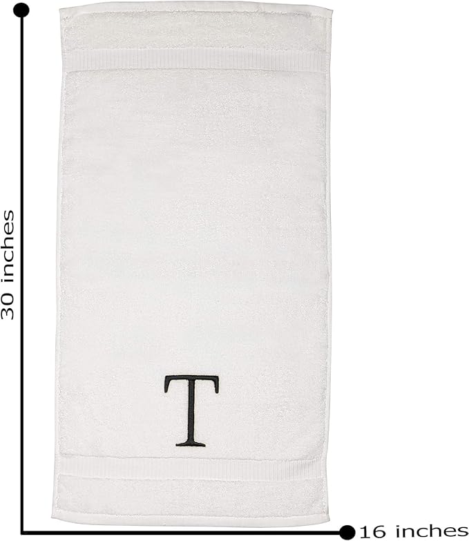 Dark Gray and White Bathroom Hand Towel - Monogrammed Luxury Hotel Quality Decorative Embroidered Towel for Powder Room, Spa - GOTS Organic Certified - Pack of 2, Letter T