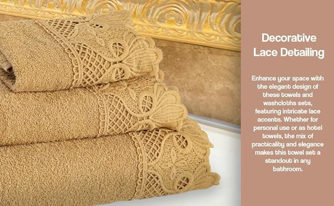 3 Piece Laced Bath Towels Set for Bathroom, Bath, Hand & Wash Cloths, Decorative Stylish Plush Cotton Washcloths - Showering, Face & Body Washing, Airbnb Essentials & Host Accessories, Gold