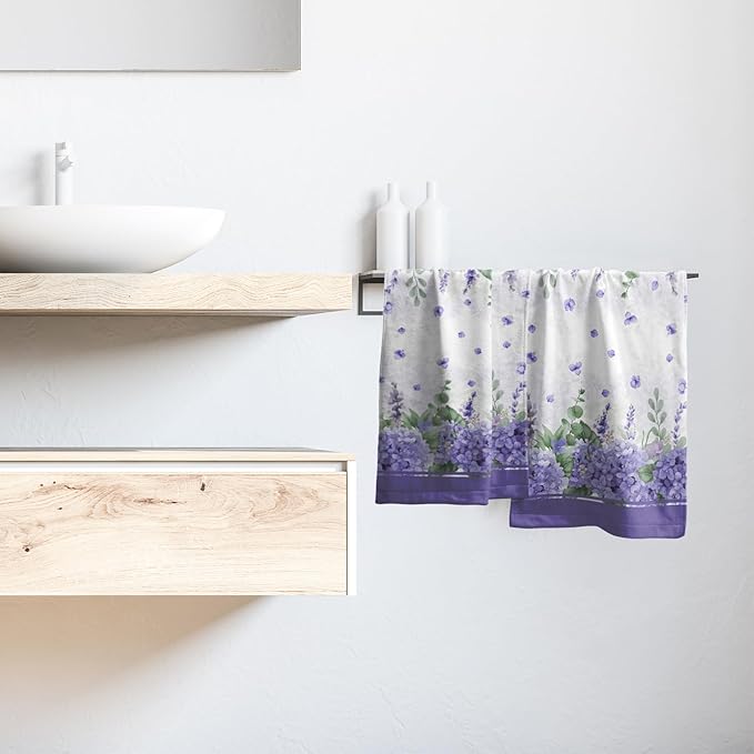 Imiss Purple Hydrangea Floral Hand Towels for Bathroom Set of 2, Watercolor Lavender Flowers Green Leaf Decor Face Bath Towels 14.4 x 28.3 Inch Seasonal Kitchen Dish Cloth for Hotel, Spa, Gym, Yoga