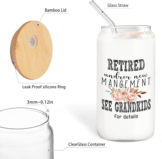 Grandma Retired Glass Cup with Lids and Straws 14oz, Best Retirement Gifts for Grandma, Mother's Day Gifts for Grandmother Glass Iced Coffee Tumbler Drinking Jars with Cleaning Brush
