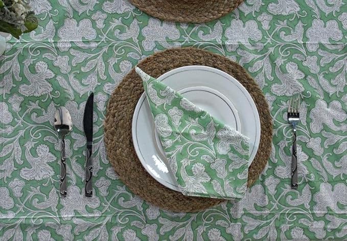 Ridhi Sage Green Hand Block Print Cotton Rectangle Tablecloth 140" x 72" inches Reusable Table Cover Decorative Everyday Use for Dining, Farmhouse, Home, Party, Festive, Wedding, Fall