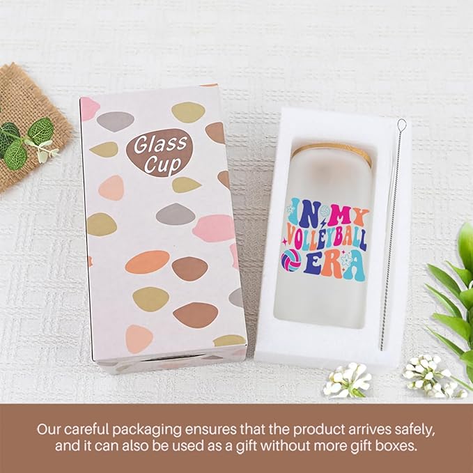 Volleyball Gifts for Teen Girls, Iced Coffee Cup, Volleyball Party Favors, 16 oz Glass Cups with Lids Straws, Volleyball Stuff, Christmas Gifts for Women Mom Coach Players Teams Volleyball Accessories