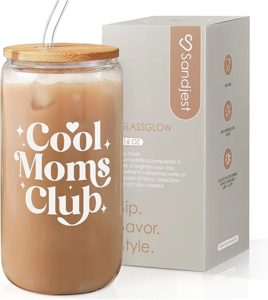 SANDJEST Mom Glass Can, Cool Mom Club Cup with Lid & Straw, Iced Coffee Aesthetic Cups, Idea Gift for Christmas Birthday Mother Day, Gifts for Women, 16oz