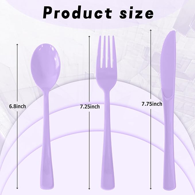 150 Pack Disposable Plastic Silverware, Heavy Duty Lavender Plastic Cutlery Set Includes 50 Forks 50 Knives 50 Spoons for Birthday Wedding Party Picnics (150, Lavender)