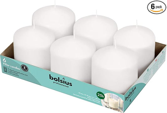 BOLSIUS 6 White Pillar Candles Bulk - 3x3 Inches Candle Set - 25+ Hours Clean Burning - No Palm Oil - 0% Animal Fat - Premium European Quality - Unscented Dripless Dinner Pillars
