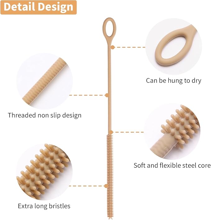 Silicone Straw Cleaner Brush, 2Pcs Reusable Straw Brush Extra Long for Cleaning Tumbler with Handle and Glass Metal Smoothie Straws, Non-slip Handle Soft and Bendable, 6mm+9mm (Brown)