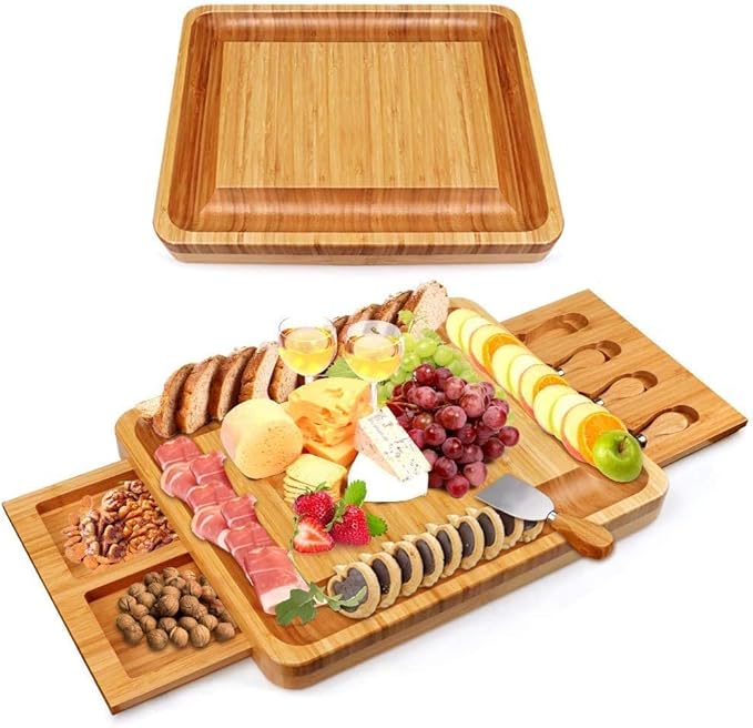 Bamboo Cheese Board with Cheese Tools, Cheese Plate Charcuterie Board Platter Set Serving Tray for Wine Cracker Brie and Meat, Large Thick Wooden Server, Fancy House Warming Gift for Gourmets