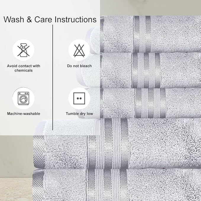 CASA COPENHAGEN Zero Twist, 6 Pieces Set 100% Cotton 0" Twist Towel Set- Grey Violet, 600 GSM, 2 Bath, 2 Hand, 2 Washcloths Made from Egyptian Cotton, Ultra Soft Luxury Towels for Bathroom.