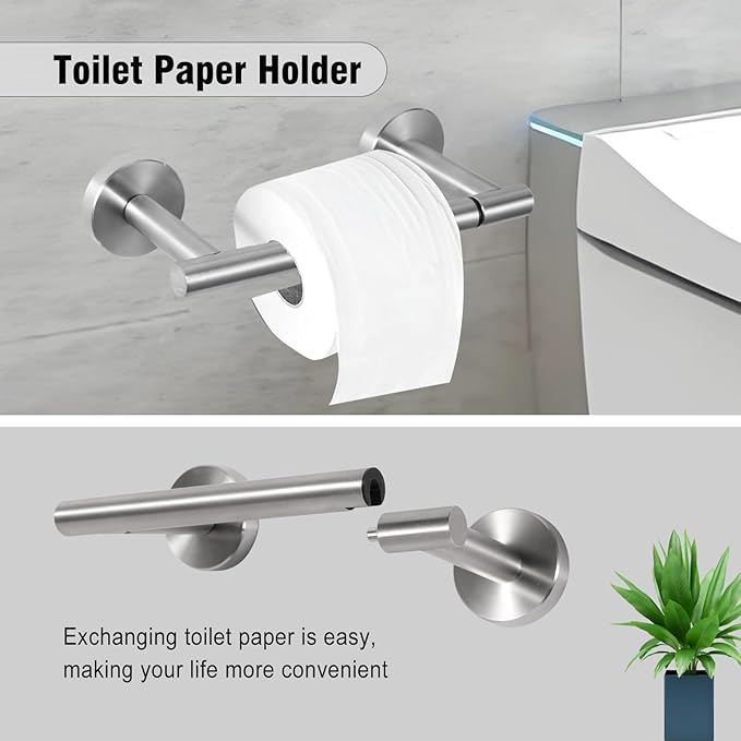 5-Piece Towel Racks for Bathroom, Stainless Steel Bathroom Accessories Set, Bathroom Towel Holder Wall Mounted, Sturdy Bath Towel Bar Set Bathroom Hardware Set (Brushed, 2 Pillar Paper Holder)