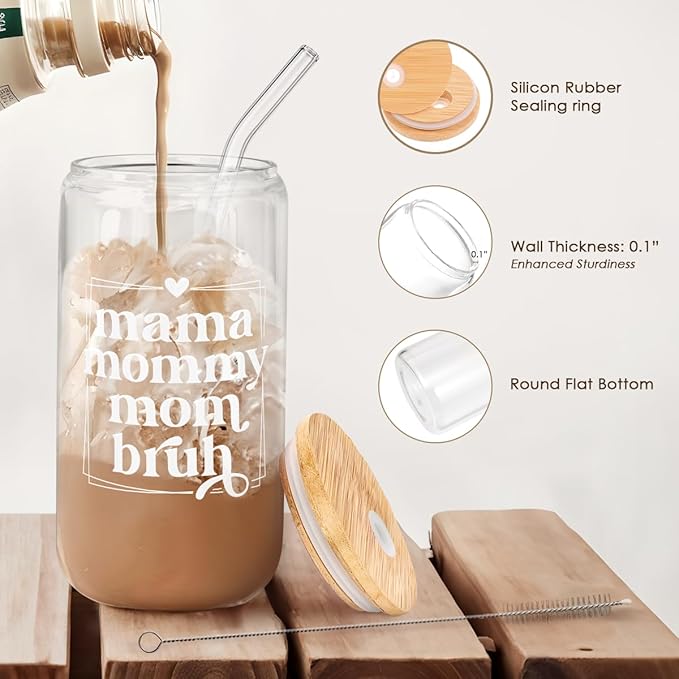 SANDJEST Mother Glass Can, Mama Mommy Mom Bruh Cup with Lid & Straw, Iced Coffee Aesthetic Cups, Idea Gift for Christmas Birthday Mother Day, Gifts for Women, 16oz