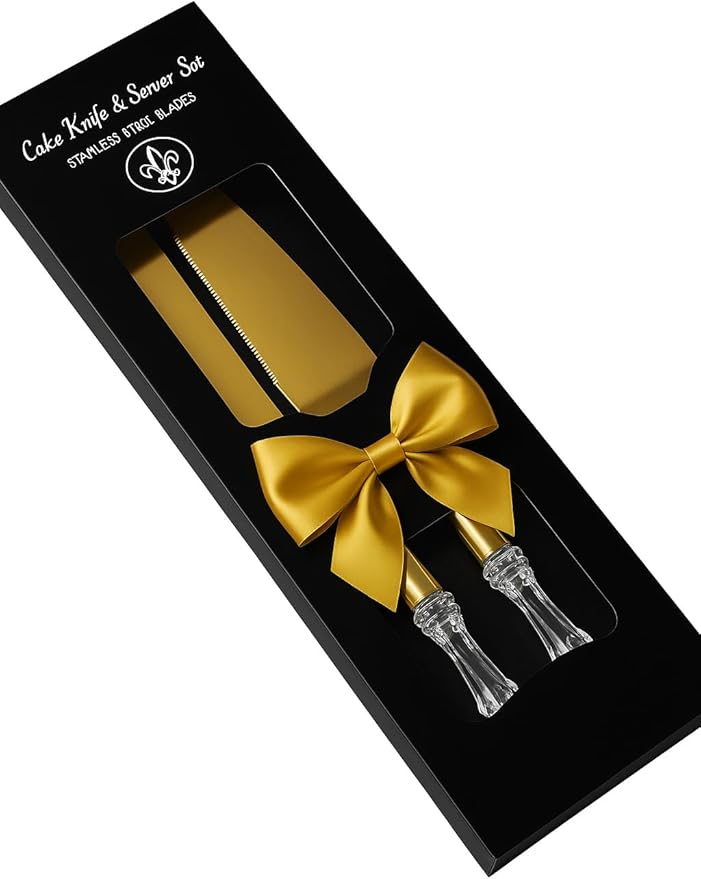 Adorox Elegant Cake Knife and Server Set - Stainless Steel with Crystal Handle - Perfect for Weddings & Anniversaries,and Special Celebrations (Gold)