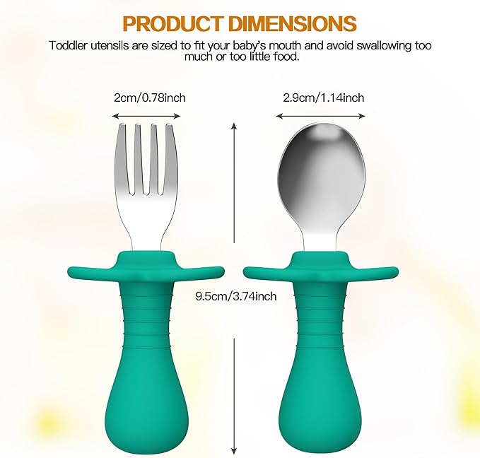 Toddler Spoons and Forks Set, 4Pcs Kids Silverware Set with Silicone Handle, 18/8 Stainless Steel Children Safe Forks and Spoons, Toddler Utensils BPA Free, Anti-Choke Design (Dark Blue, Green)