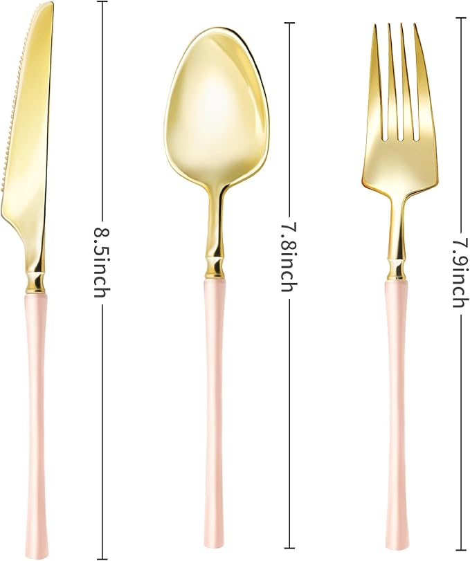 Lullaby 90pcs Gold Plastic Silverware, High End Disposable Cutlery with Pink Handle Include 30 Forks, 30 Spoons, 30 Knives, Elegant Disposable Silverware for Wedding, Party, Gathering and Daily Use