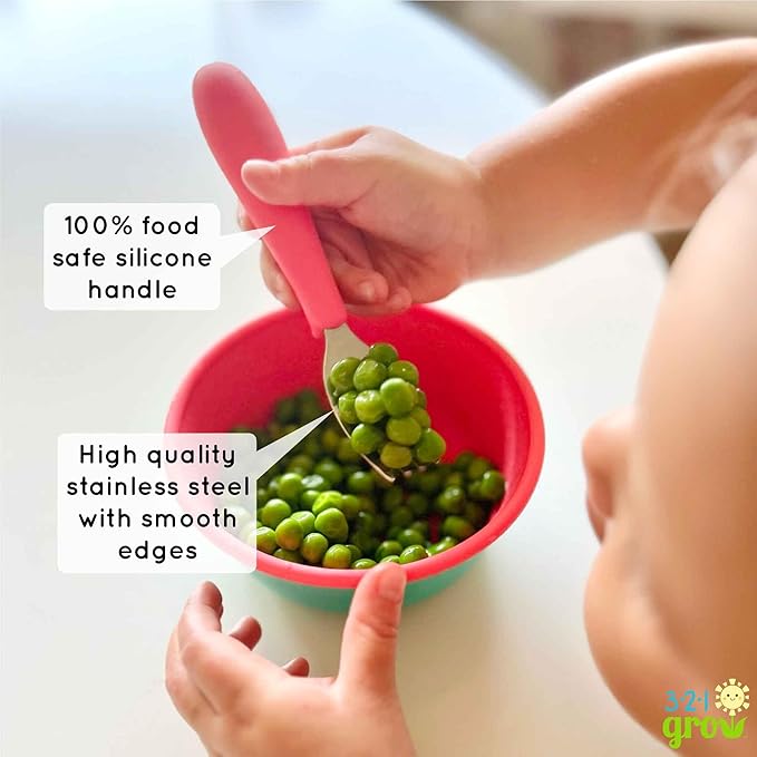 Eat with Me Spoon and Fork Set – Toddler Utensils with Easy-Grip Silicone Handles – Kid-Sized & Safe Stainless Silverware – Promotes Independent Eating – Dishwasher Safe (Grape)