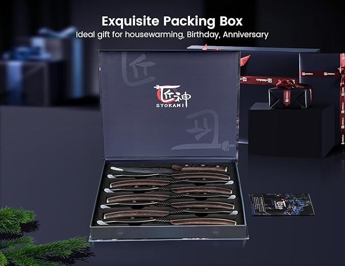 Steak Knives Set of 8, 4.8 Inch Carbon Steel Japanese Style Non Serrated Dinner knives with Wooden Handle, Damascus Pattern Full Tang Design, Housewarming Holiday Cooking Gifts