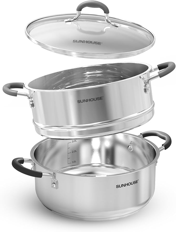 SUNHOUSE - 4.6 Quart Steamer Pots With Lid 2-Tier Multipurpose Stainless Steel Steaming Pot Cookware With Handle For Vegetable, Dumpling, Sauce, Food - Triple Bottom, Measurement Line