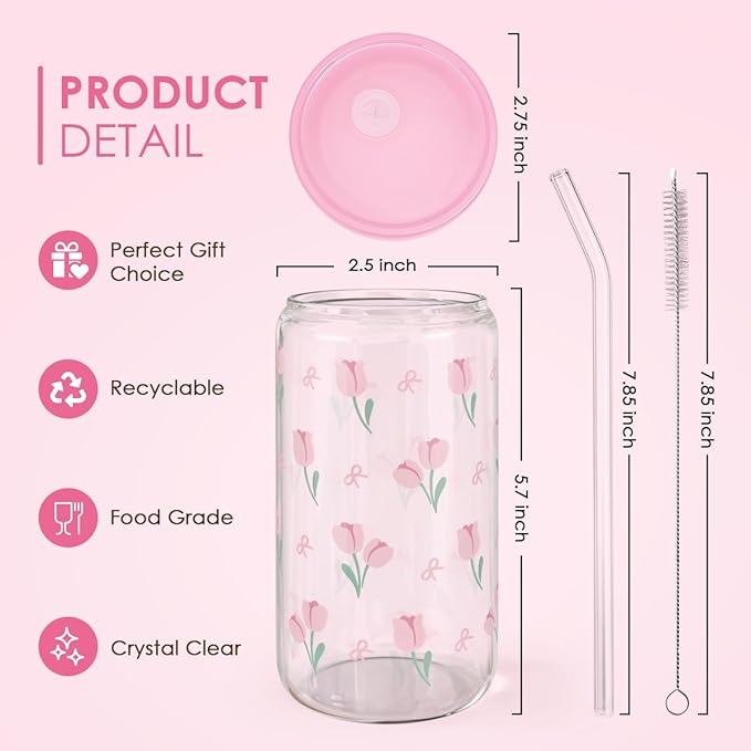 SANDJEST Floral Glass Can, Tulip Iced Coffee Aesthetic Cup, Gift for Christmas Birthday, Gifts for Women Girls, 16oz