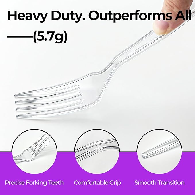 [100 Count] Heavy Duty Clear Plastic Forks Disposable Plastic Fork Bulk Utensils Reusable Cutlery Set Thick Plasticware Silverware for Party,Every Day Use,Picnic,Camping,Wedding,Barbecues