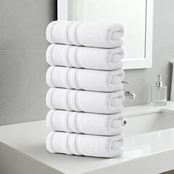 REDKISS Premium White Hand Towels for Bathroom, 13 x 30 inch, 100% Cotton Hand Towel Set of 6, Super Soft and Highly Absorbent Towels for Bathroom, Gym, Spa, Shower, and Hotel