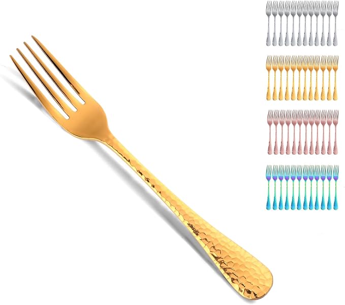 Buyer Star 12 Pieces Hammered Dinner Forks Set, 7.9 Inch Stainless Steel Forks,Table Forks,Flatware Forks, Mirror Finish & Dishwasher Safe,Use for Home,Kitchen or Restaurant (Gold)