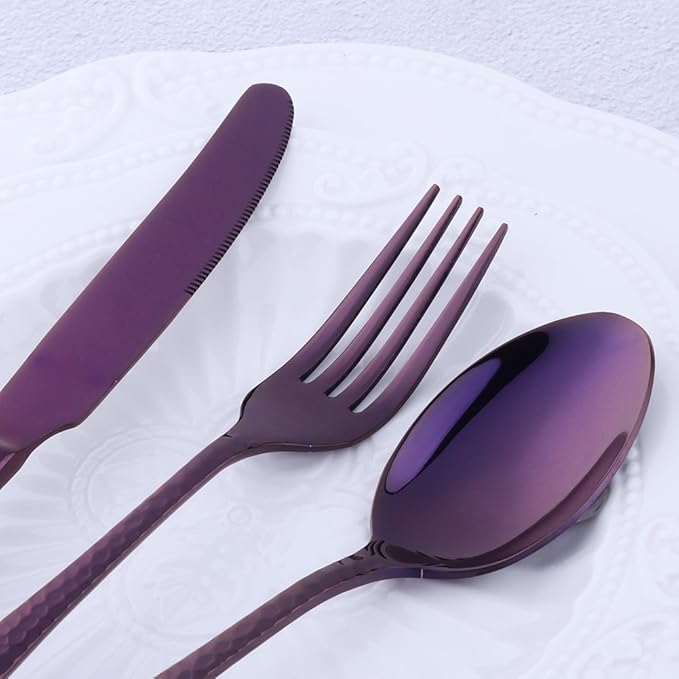 5-Piece Purple Silverware Flatware Set Service for 1 Stainless Steel Cutlery Set Include Dinner Knife Table Fork Table Spoon Salad Fork Tea Spoon for Wedding, Dishwasher Safe