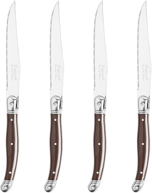 French Home Laguiole 4-Piece Steak Knife Set – Sophisticated Stainless Steel Dinner Knives with Chocolate Brown Handles & Iconic Bee Emblem – Serrated Knives for Smooth Cutting (9.25")