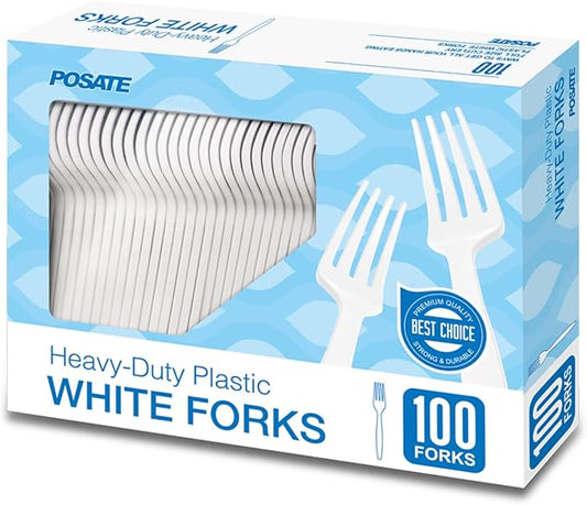 POSATE Heavyweight Plastic Forks, White, 100 Counts