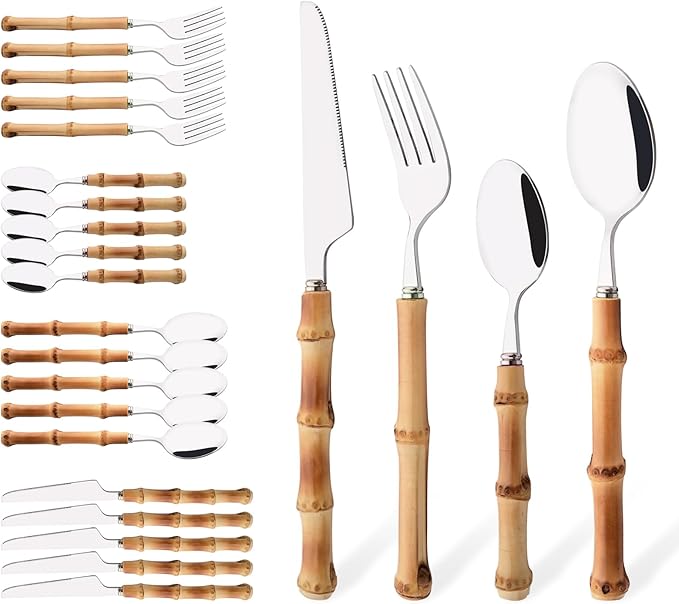 Bamboo Silverware Set, 24-Piece Natural Bamboo Flatware Cutlery with Stainless Steel Silver Head, Includes Knife, Fork, Spoon for Daily Use and Party, Reusable