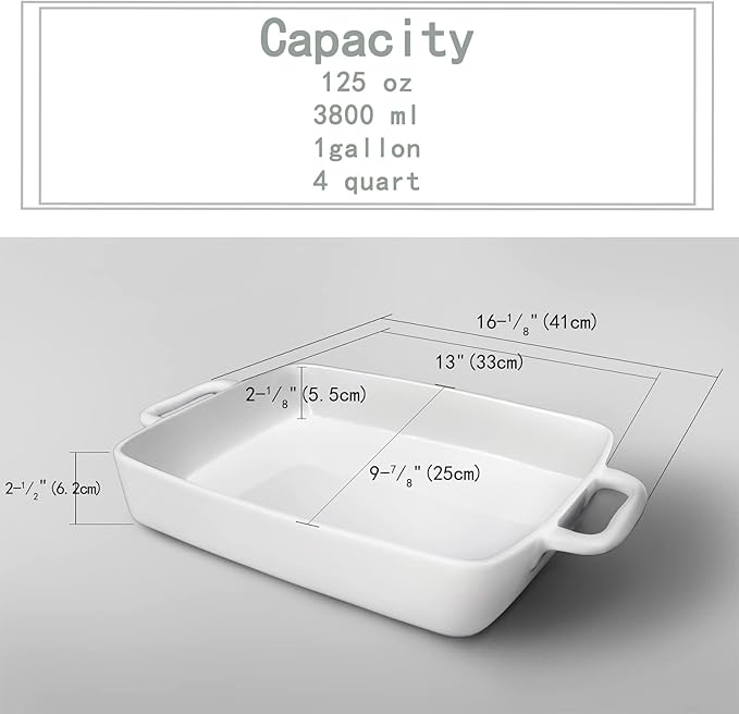 Large Baking Dish 9x13 Oven Dish Baking Lasagna Pan with Handles, White Porcelain Casserole Dish Oven Safe for Cake, Banquet and Daily Use, 4 Quart