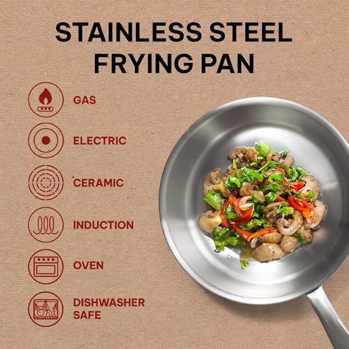 Alva Maestro Stainless Steel Frying Pan 8" - Oven Safe and Made without PFAS, PFOA & PTFE - Induction and All Stovetop Compatible with Even Heat Distribution