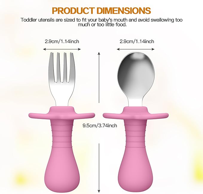 2 Pieces Toddler Utensils Forks and spoons set, Stainless Steel Childrens Silverware for Safe flatware Metal Kids Cutlery set with Round Handle, BPA Free, Anti-Choke Design (Pink)