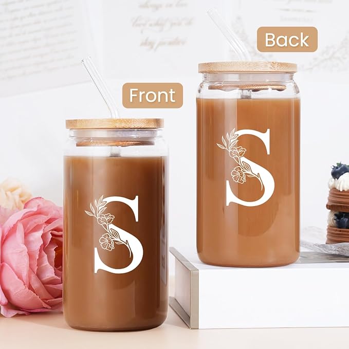 SANDJEST Monogrammed Gifts for Women - Monogram S Initial Glass Cup 16 Oz Can Coffee Cups with Lid and Straw - Monogram Initials Gifts for Womens on Birthday