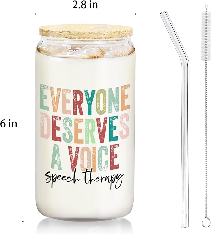 Speech Therapy Mental Health Gifts Glass Cup,Everyone Deserves A Voice Glass Cup With Lids And Straws 14oz, Slp Speech Pathologist Inspirational Counseling Gifts