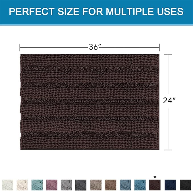 H.VERSAILTEX Bath Mats for Bathroom Non Slip Extra Thick Chenille Striped Bath Rug 24" x 36" Absorbent Non Skid Fluffy Soft Shaggy Rugs Washable Plush Mats for Indoor, Bath Room, Tub - Chocolate