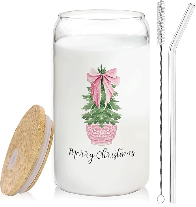 Chinoiserie Coquette Christmas Tree Glass Coffee Cup With Lid And Straws 14oz - Merry Christmas Pink Bow Drinking Jar Gifts For Women Kids Men,Glass Cup For Pink Xmas Decor