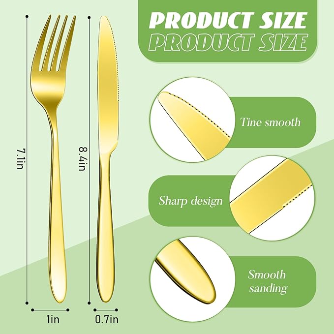 Nuenen 50 Pieces Stainless Steel Forks Silverware Set Dinner Forks and Knives Flatware Tableware Cutlery Set for Kitchen Restaurant(7.1 x 1 Inch, 8.4 x 0.7 Inch,Gold)