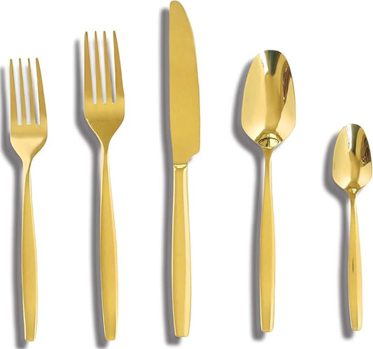 Gold 20-Piece Silverware Set,Stainless Steel Flatware Utensils Cutlery Set for 4,Including Steak Knife Fork and Spoon,Dishwasher Safe,Modern Tableware for Home & Dining