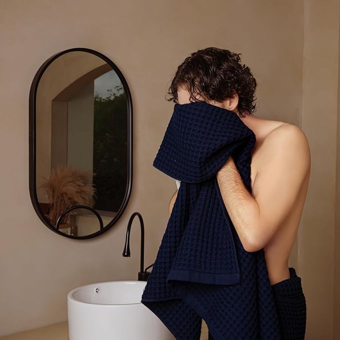 Luxury Organic Japanese Cotton Waffle Bath Towel | Thick, Absorbent, Quick Dry Bathroom Towels for Shower, Sauna, Onsen| Hotel & Spa Quality, Gift-Ready (Ocean Blue, Bath Sheet (2 Pack))