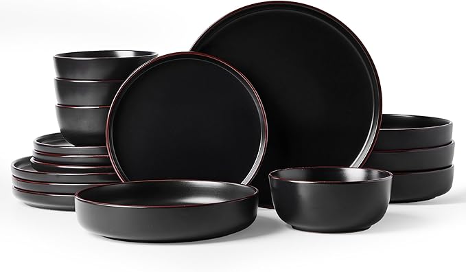 Famiware Mercury Dinnerware Sets with Pasta Bowls, Service for 4 (16 Pieces), Plates and Bowls Sets, Microwave and Dishwasher Safe Dishes Set, Matte Black