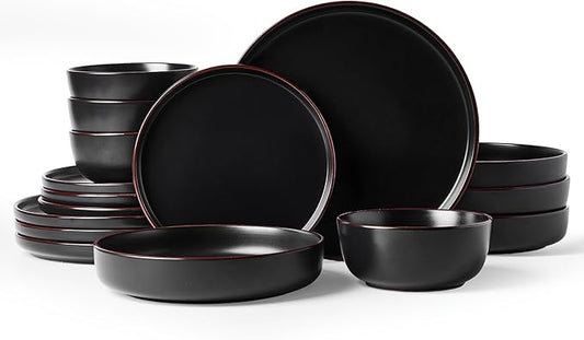 Famiware Mercury Dinnerware Sets with Pasta Bowls, Service for 4 (16 Pieces), Plates and Bowls Sets, Microwave and Dishwasher Safe Dishes Set, Matte Black