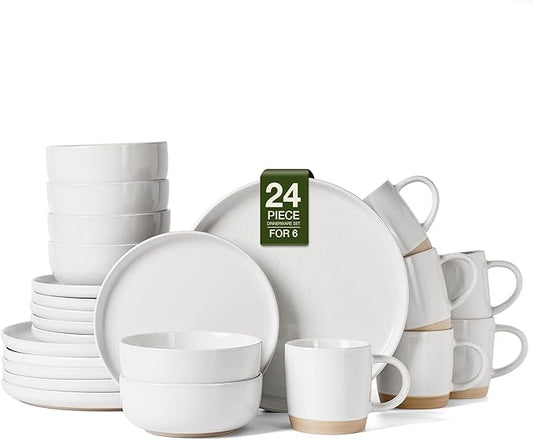 Famiware Milkyway Stoneware Dinnerware Sets with Mugs, Service for 6 (24 Pieces), Plates and Bowls Sets -Scratch Resistant, Microwave and Dishwasher Safe Dishes Set, White